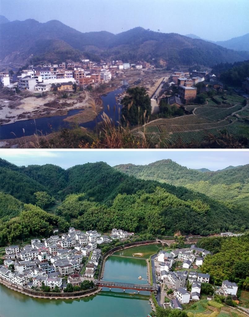 圖為浙江省杭州市淳安縣楓樹(shù)嶺鎮(zhèn)下姜村拼版圖，其中上圖為資料照片、下圖由新華社記者張鋮攝。